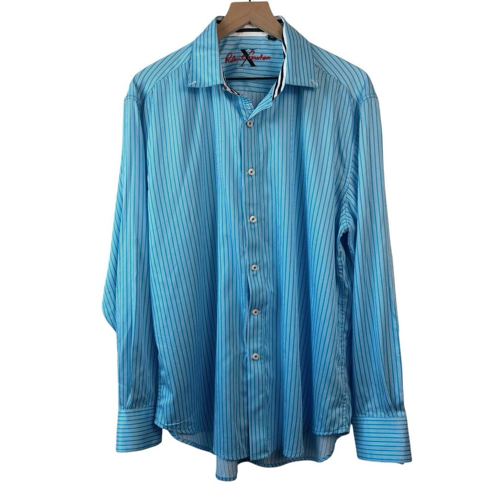 Robert Graham Mens Shirt XL Blue White‎ Striped Flip Cuff Contrast Button Down